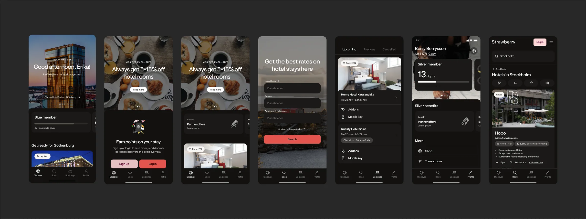 Delivered Strawberry app designs including Discover, Search, Booking, Property and Profile.