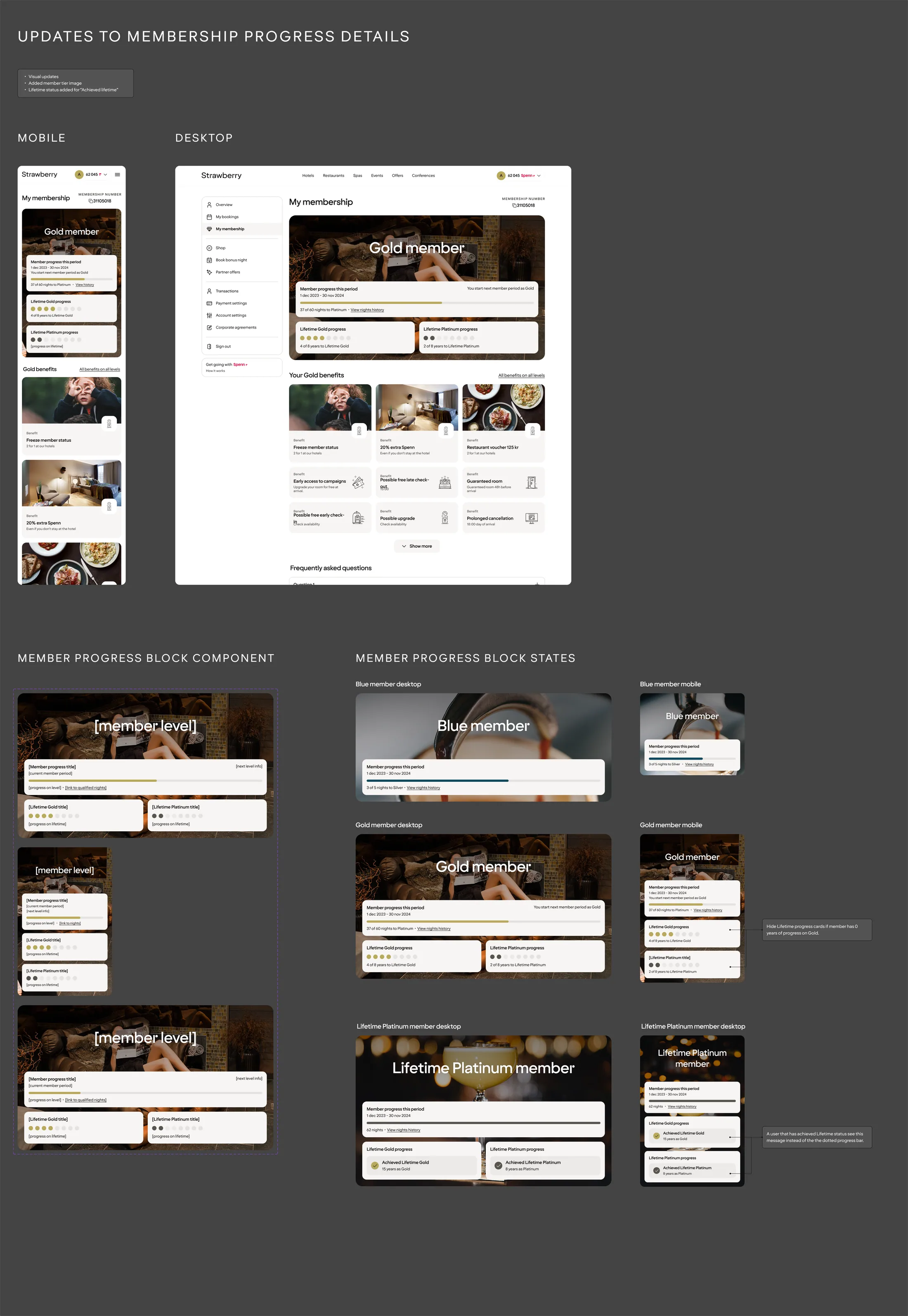 Membership progression designs across mobile and web.